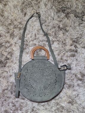 Gray Suede Round Crossbody Bag with Wooden Handle